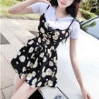 Set: Short-sleeve T-shirt + Spaghetti Strap Floral Print Playsuit