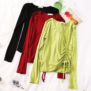 Drawstring-side V-neck T-shirt