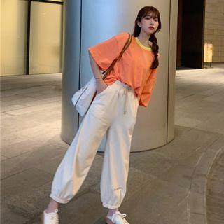 Elbow-sleeve Striped T-shirt / Lettering Harem Pants