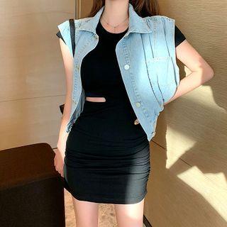 Buttoned Denim Vest / Cut-out Short-sleeve Mini T-shirt Dress