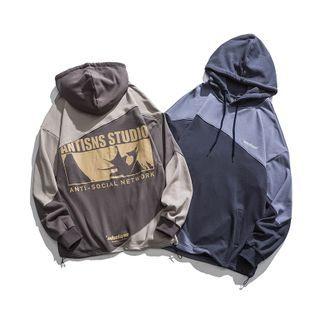 Lettering Print Color Block Drawstring Hoodie