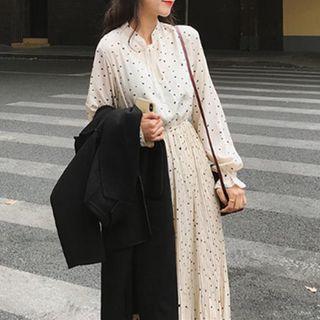Long-sleeve Heart Print Midi Pleated Dress