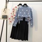 Heart Print Sweater / Midi A-line Knit Skirt