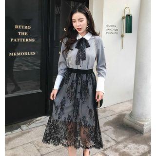 Set: Striped Long Shirt + Lace A-line Midi Skirt