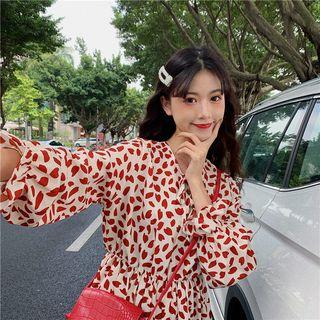 Drawstring Tie-neck Printed Chiffon Dress Red - One Size