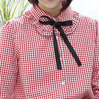 Peter Pan-collar Detachable-ribbon Gingham Shirt