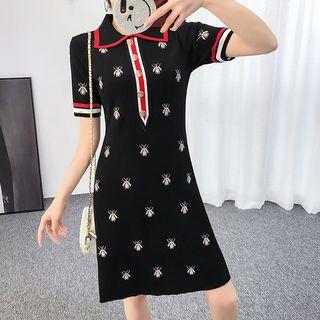 Short-sleeve Striped Bee Embroidered Polo Shirt Dress