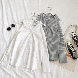 Cutout Shoulder Long-sleeve Button-down Shirt