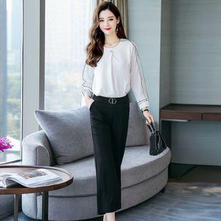 Set: Contrast Trim Blouse + Cropped Wide-leg Pants