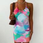 Spaghetti-strap Halter Color Block Mini Sheath Dress