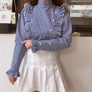 Frilled Gingham Long-sleeve Blouse