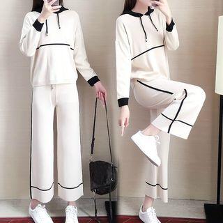 Set: Color Block Knit Hoodie + Cropped Wide-leg Pants