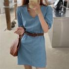 Short-sleeve V-neck Denim Dress Denim Blue - One Size