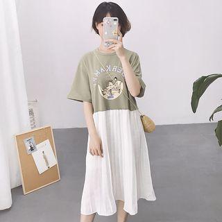 Pleated Hem Printed Short Sleeve T-shirt Dress