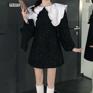Puff-sleeve Sequined Mini Collared Dress White & Black - One Size
