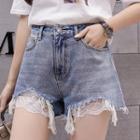 Lace Panel Frayed Denim Shorts