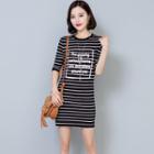 Lettering Striped Elbow Sleeve T-shirt Dress