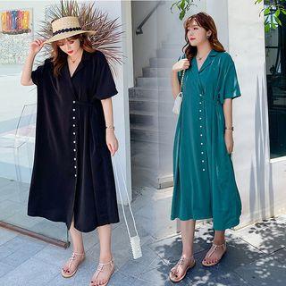 Elbow-sleeve Asymmetric Buttoned Midi Dress
