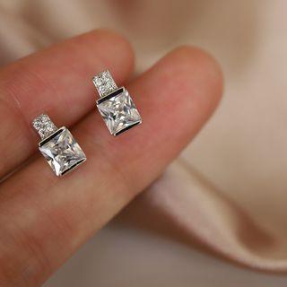 925 Sterling Silver Square Rhinestone Earring 1 Pair - Silver - One Size