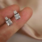 925 Sterling Silver Square Rhinestone Earring 1 Pair - Silver - One Size