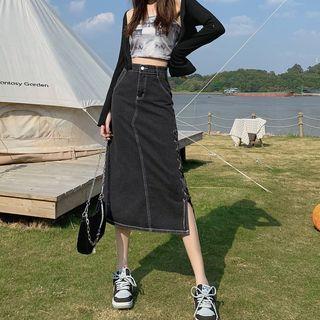 High Waist Washed Denim Midi A-line Skirt