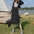 High Waist Washed Denim Midi A-line Skirt