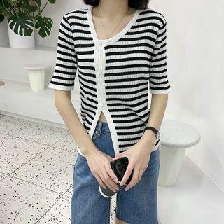 Elbow-sleeve Striped Asymmetrical Cardigan