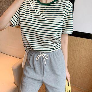 Short-sleeve Striped T-shirt / High-waist Drawstring Shorts