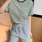 Short-sleeve Striped T-shirt / High-waist Drawstring Shorts