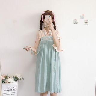 Embroidered Elbow-sleeve Wrap Top / Accordion Pleated Skirt