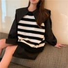 Long-sleeve Plain Loose-fit Blouse / Striped Knit Vest