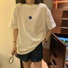 Elbow-sleeve Smiley Face Embroidered T-shirt