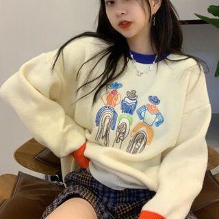 Color Block Embroidered Long-sleeve Sweater As Shown In Figure - One Size
