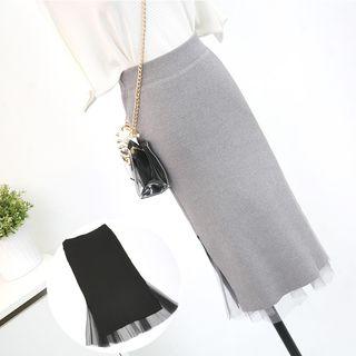 Elastic-waist Mesh Mermaid Knit Skirt