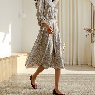 Frill-neck Shirred Long Floral Dress