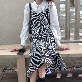 Plain Blouse / Zebra Print Spaghetti Strap Midi A-line Dress