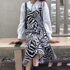 Plain Blouse / Zebra Print Spaghetti Strap Midi A-line Dress