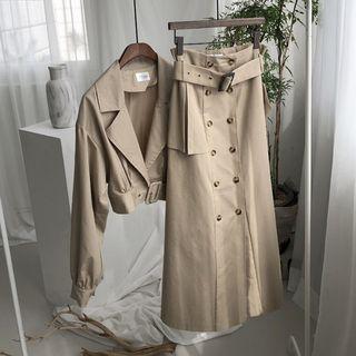 Set: Cropped Tie-waist Trench Jacket + Buttoned Midi A-line Skirt