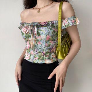 Off-shoulder Ruffle Trim Print Top