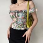 Off-shoulder Ruffle Trim Print Top