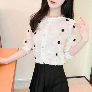 Elbow-sleeve Dot Print Lace Blouse