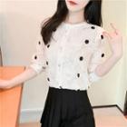 Elbow-sleeve Dot Print Lace Blouse