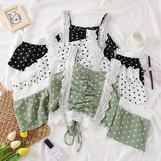 Off-shoulder Lace-trim Dotted Crop Top