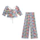 Set: Short-sleeve Printed Cropped Blouse + Wide Leg Pants