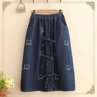Bear Embroidered Bow-detail Denim Skirt
