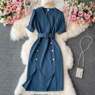 Short Sleeve Double Breasted Pinstripe Dress