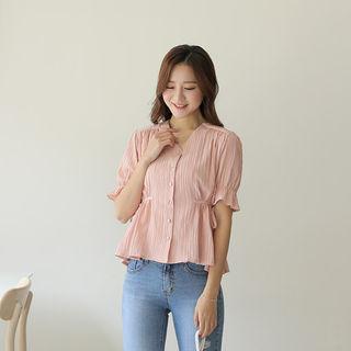V-neck Tie-waist Pleated Blouse
