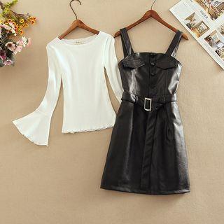 Ribbed Long-sleeve Knit Top / Faux-leather Jumper Dress / Set