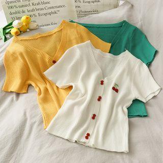 Cherry-embroidered Short-sleeve Knit Top