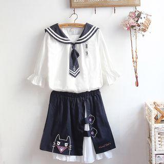 3/4-sleeve Wide-collar Contrast Trim Top / Embroidered Skirt / Set